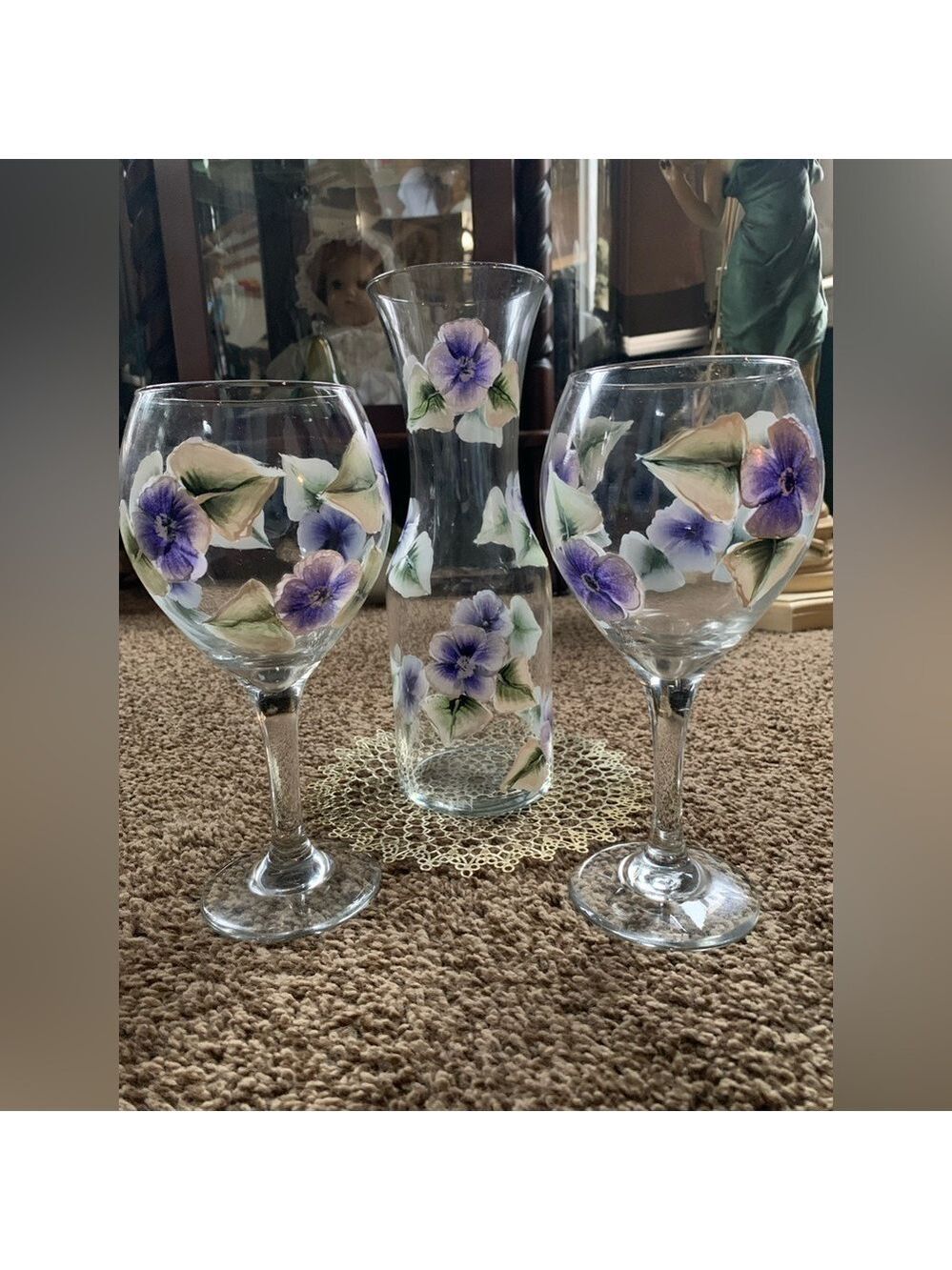 Hand Painted Glass Pitcher w/2 Juice/Wine Glasses